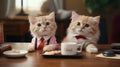 AI-Generated: Cute Little Kittens Boss with Pink Shirt Enjoying Coffee and Cookies in a Room