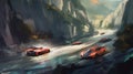 A illustration about a thrilling race between sleek sports cars on a winding mountain roa created with Generative AI