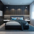Serenity in Style: Modern Minimalist Blue and Black Bedroom Interior Design Royalty Free Stock Photo