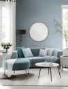 Cyan Scandinavian Living Room Mockup: Modern Interior Design Royalty Free Stock Photo