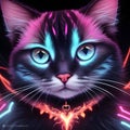 Cat Portraits Futuristic Feline Mystique in Electric Hues against Dark Background. Luminous Eyes and Vibrant Fur Illuminate