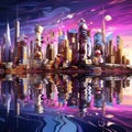 Futuristic city skyline with mesmerizing liquid mercury structures