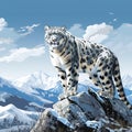 Majestic Snow Leopard Perching on a Rocky Pinnacle in a Snowy Landscape