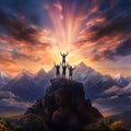 Individuals raising arms in prayer atop a majestic mountain in different art styles