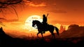 Golden Valor: Knight Silhouette Galloping into the Majestic Sunset