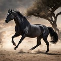 Black stallion gallops in the desert, 3d render illustration Royalty Free Stock Photo