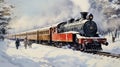 Winter Watercolor Painting Of Ceramics Manned Train In Japan