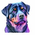 Realistic Rottweiler Dog Portrait In Stunning Pink, Violet, And Blue - Vibrant Canine Artistry.