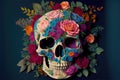 Flowery Skull. Skull with roses. Colorful art. AI art generated