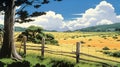 Savanna In New Zealand With Fence: A Long Shot Illustrated By Herge And Studio Ghibli