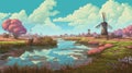 Pixel Art Of Majestic Windmill In Wetland