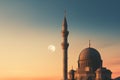 Minaret of mosque at sunset, Ramadan Kareem, Eid Mubarak Ai generative
