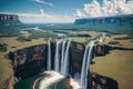 Spectacular Natural Symphony: Waterfall, Riverside, and Towering Cliffs Royalty Free Stock Photo