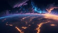 Panoramic view on planet Earth globe from space. Glowing city lights, light clouds