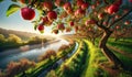 A riverbank dotted with apple trees, their branches heavy with ripe fruit. landscape background, Nature