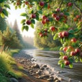 A riverbank dotted with apple trees, their branches heavy with ripe fruit. landscape background, Nature