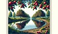 A riverbank dotted with apple trees, their branches heavy with ripe fruit. landscape background, Nature