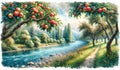 A riverbank dotted with apple trees, their branches heavy with ripe fruit. landscape, Nature Painting