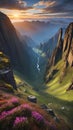 Sunrise over mountains with valley natural landscape wallpaper background ai generated