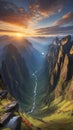 Sunrise over mountains with valley natural landscape wallpaper background ai generated