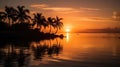 A colorful sunset over a calm sea with silhouettes of palm trees in the foreground created with Generative AI Royalty Free Stock Photo