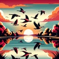 flock of geese flying over a lake, framed by the autumn sky. landscape background, Vector