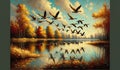 flock of geese flying over a lake, framed by the autumn sky. landscape background, painting