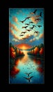 flock of geese flying over a lake, framed by the autumn sky. landscape background, painting