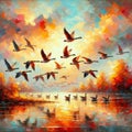 flock of geese flying over a lake, framed by the autumn sky. landscape background, painting