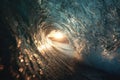 Surfer's Perspective Inside Wave Tube at Sunset with Dramatic Light and Motion Royalty Free Stock Photo
