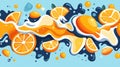 Experience the burst of flavor with fresh citrus juice splashes, showcasing vibrant oranges in a fun, abstract design
