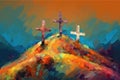 Abstract art. Colorful painting art of three crosses on a mountain