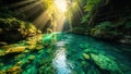 Captivating forest scene featuring a crystal clear river illuminating with sunlight through green lush trees and rocks Royalty Free Stock Photo