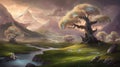 Fantasy Landscape Artwork: Majestic Mountains, Lush Trees, Flowing Rivers & Mystical Trees â Stunning Nature Sketch Illustration.