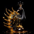 Gilded Elegance Kintsugi Porcelain Statue of a Black Peacock with Liquid Dripping in Vitreous Gold, Inspired by Klimt Art