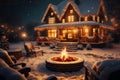Warm Glow of the Season: Cozy Bonfire Beside a Christmas-Lit House Decked in Lights. Generative ai