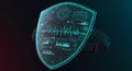 Dynamic futuristic shield displays vital health data and network activity for advanced cyber defense Royalty Free Stock Photo