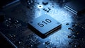Close-up of a futuristic electronic circuit board with a prominent CPU chip labeled \'510\' under blue LED lighting, symbolizing t Royalty Free Stock Photo