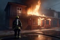 firefighter battles a blaze, using his hose to save a burning building