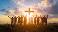 Christian congregation expressing faith with raised hands before the cross