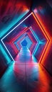 Experience the Depth of a Vibrant Tunnel with Intersecting Neon Geometric Lines and an Intricate, Glowing Grid