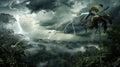 Tropical rainforest thunderstorm landscape with lightning and dark stormy clouds weather scenery Royalty Free Stock Photo