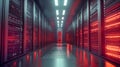 Experience the dynamic atmosphere of a bustling data center, where rows of illuminated servers work tirelessly in a sleek and