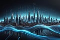 Futuristic Cityscape With Pulsating Dots And Flowing Waves, Technology Background, Cyber Background, Abstract 3d Waves