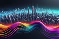 Futuristic Cityscape With Pulsating Dots And Flowing Waves, Technology Background, Cyber Background, Abstract 3d Waves