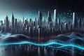Futuristic Cityscape With Pulsating Dots And Flowing Waves, Technology Background, Cyber Background, Abstract 3d Waves