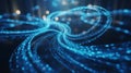 Abstract illustration of digital data flow with glowing blue light and network connections Royalty Free Stock Photo