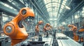 Experience a dynamic workspace filled with advanced robots and machines working in harmony to manufacture intricate technology in