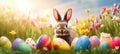 Easter Bliss in Nature: Cute Rabbit Enjoying a Colorful Egg Ensemble in a Picturesque Spring Setting. Generative AI