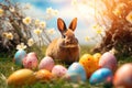 Eggstravaganza Symphony: Fluffy Bunny Harmonizing with a Lively Ensemble of Easter Eggs. Generative AI